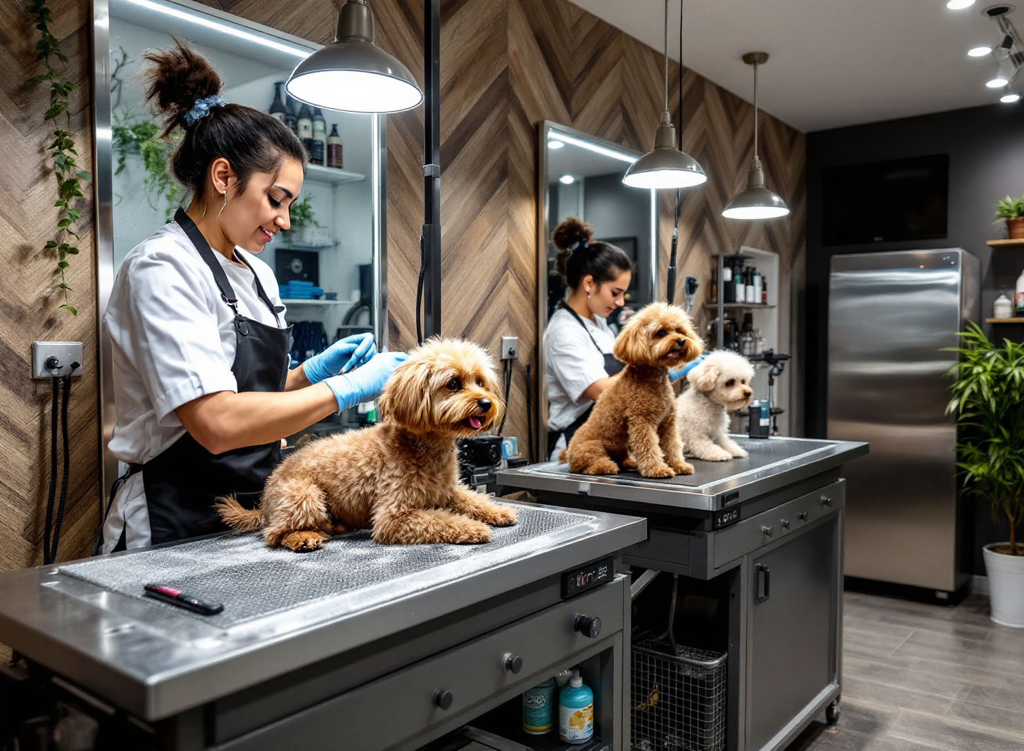 Frequência de banho e tosa: o intervalo correto que veterinários recomendam para cada raça de cão 4 Interior moderno de salão de banho e tosa profissional em São Paulo com duas estações de grooming