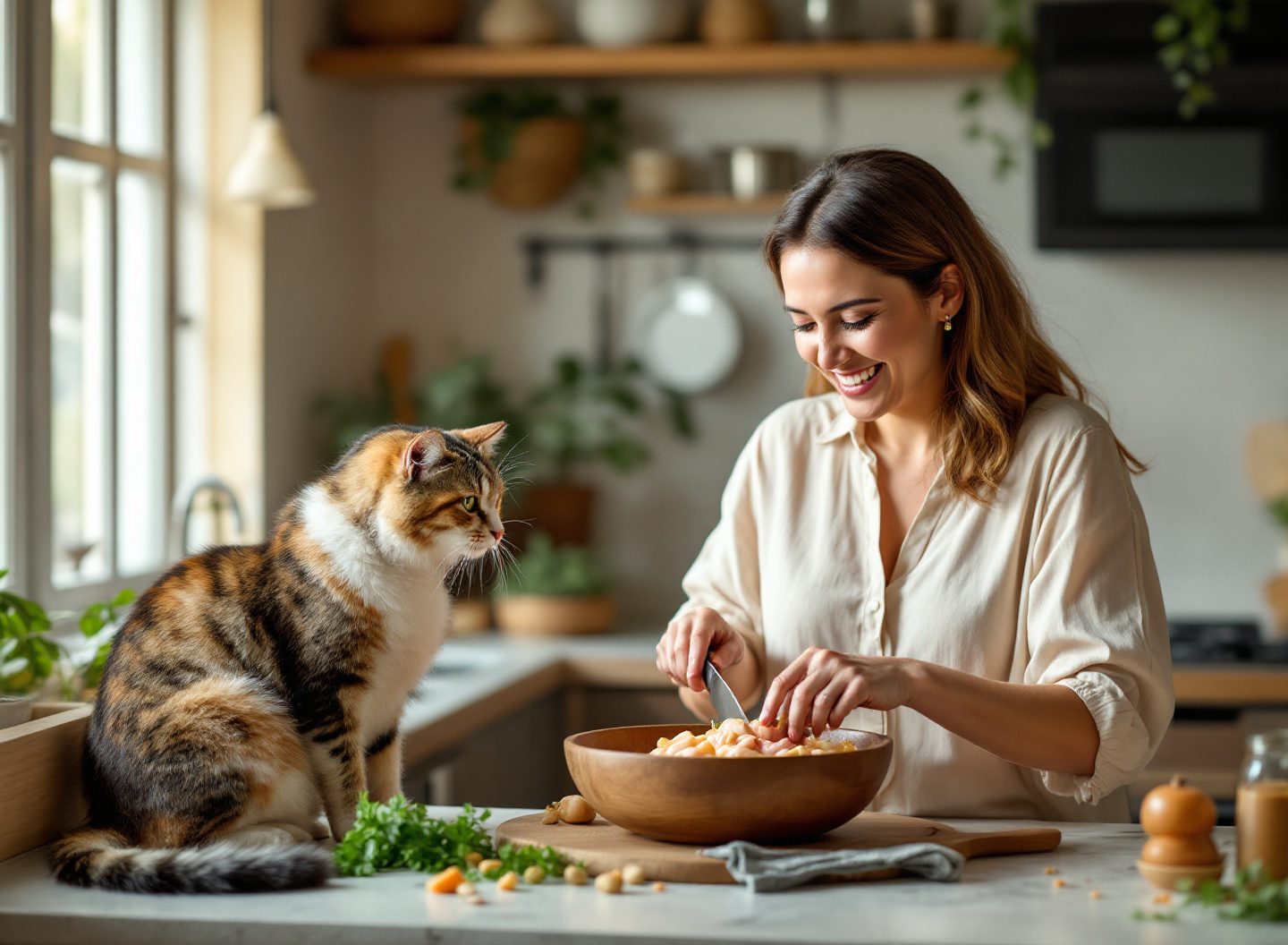 mulher preparando alimentação natural balanceada para gato ansiedade pet cozinha