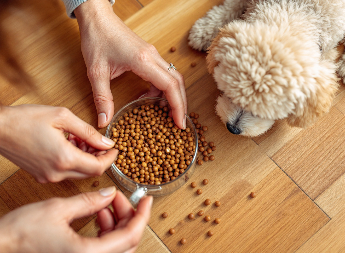 O erro que 9 em cada 10 donos cometem ao alimentar filhotes e como corrigir a partir de agora 3 Medição correta de ração filhote com colher de medição, mostrando quantidade apropriada para alimentação de cachorro filhote