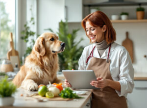 veterinária explicando benefícios de alimentação natural para cães durante consulta profissional