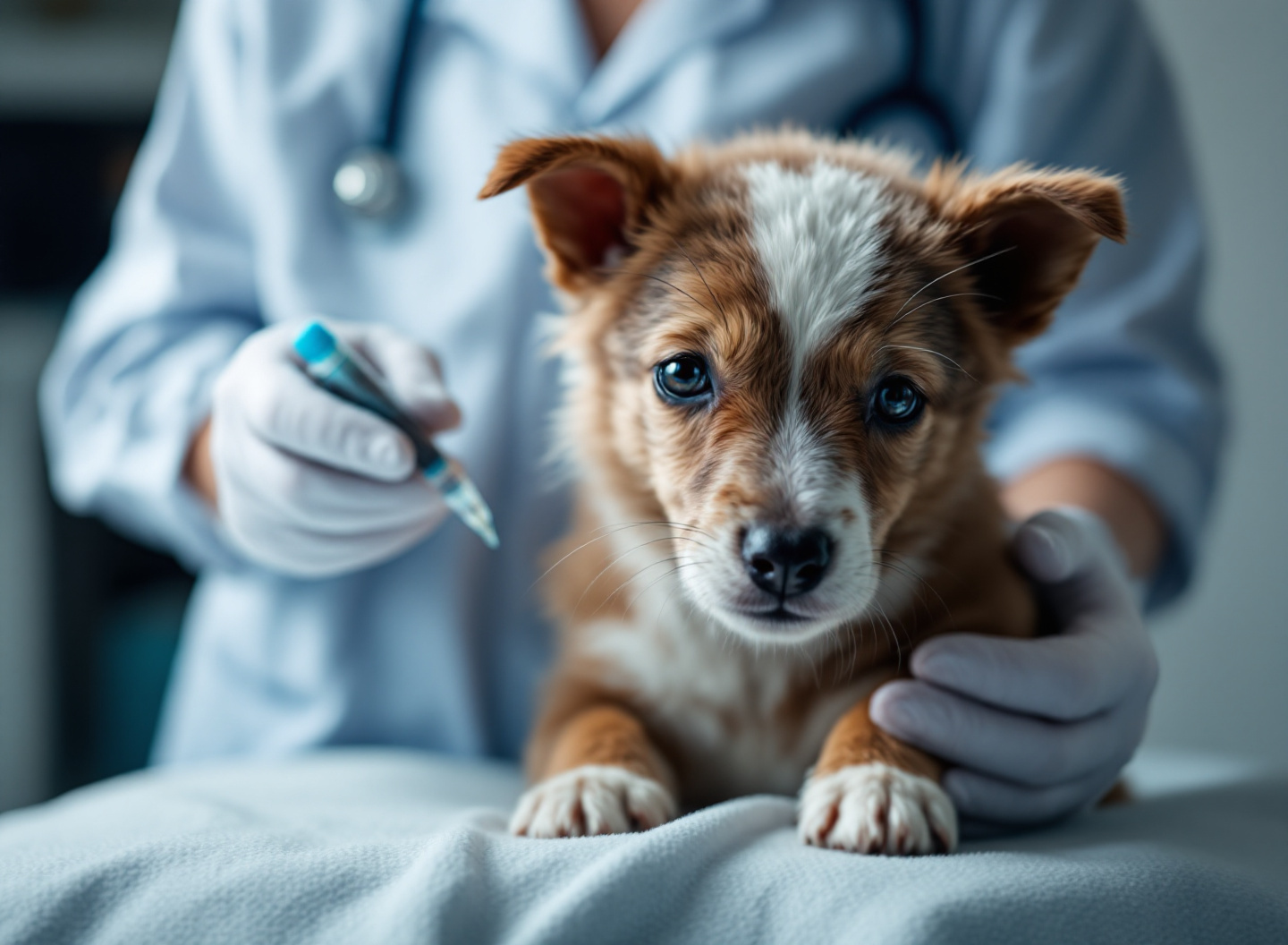 Aplicação de vacina em filhote durante consulta veterinária, procedimento seguro e profissional