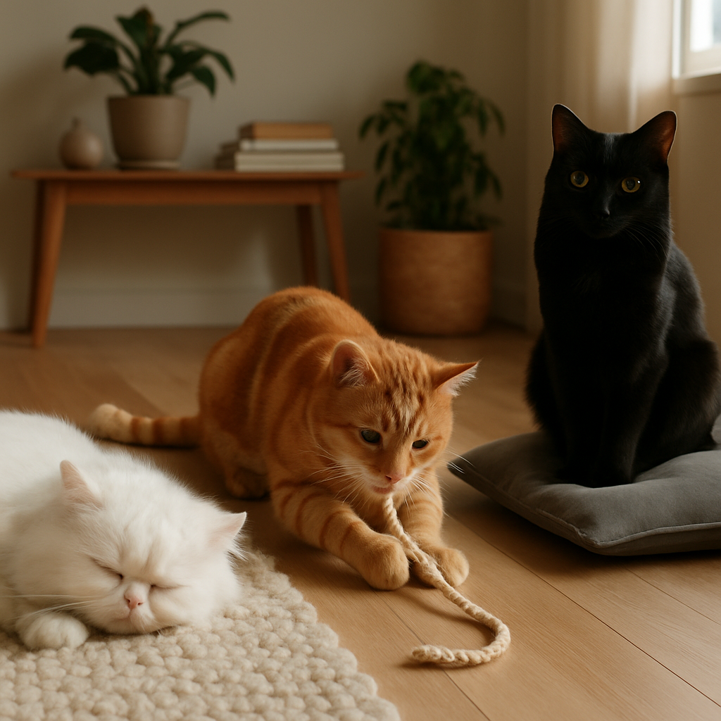 Escolher nome para gato macho é mais fácil do que parece: guia com 150+ ideias criativas e significados 3 três gatos machos diferentes em ambientes aconchegantes de sala