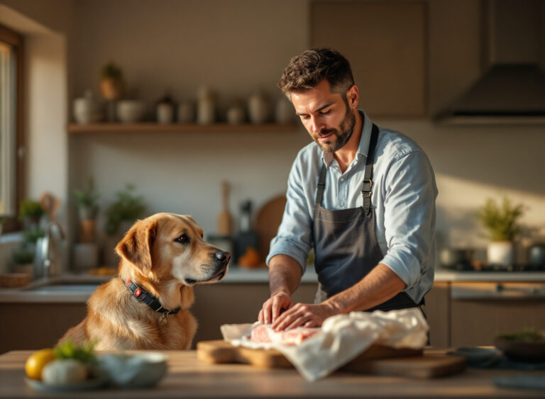 Tutor escolhendo ração de qualidade para cão em cozinha moderna