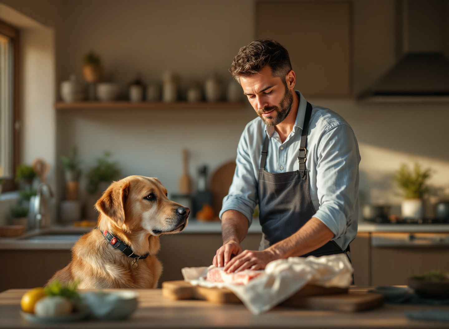 Ração para cão: como escolher a melhor opção sem gastar demais e garantir saúde do seu pet 2 Tutor escolhendo ração de qualidade para cão em cozinha moderna