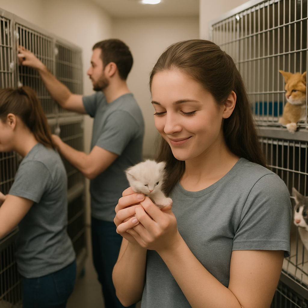 Por Que Adotar um Gato Pode Ser a Melhor Decisão Agora 3 Abrigo de animais com voluntários cuidando de gatos