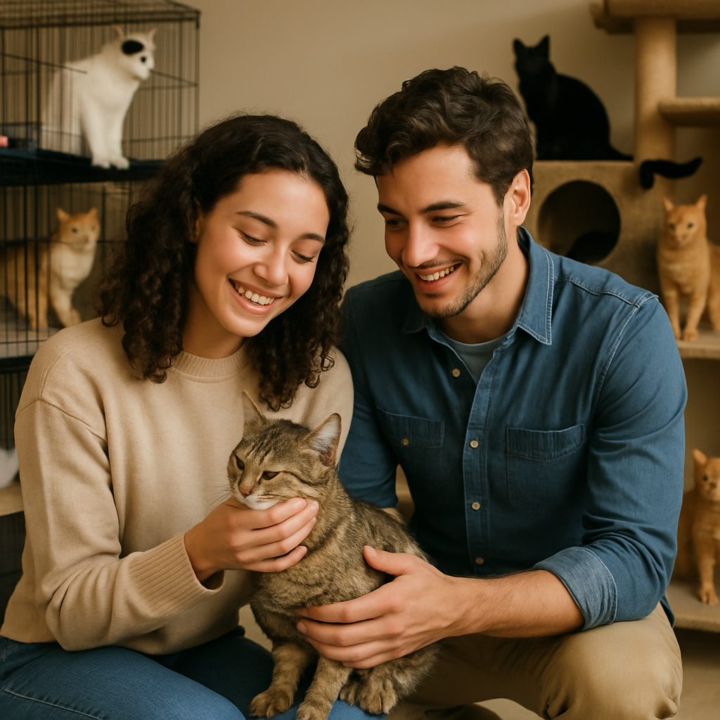 Por Que Adotar um Gato Pode Ser a Melhor Decisão Agora 4 Casal interagindo com gatos em abrigo de animais