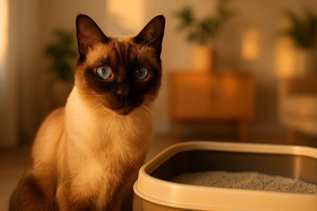 Transforme a Rotina do Seu Gato com a Caixa de Areia Certa 1 Gato siamês ao lado de caixa de areia em ambiente minimalista