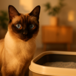 Gato siamês ao lado de caixa de areia em ambiente minimalista