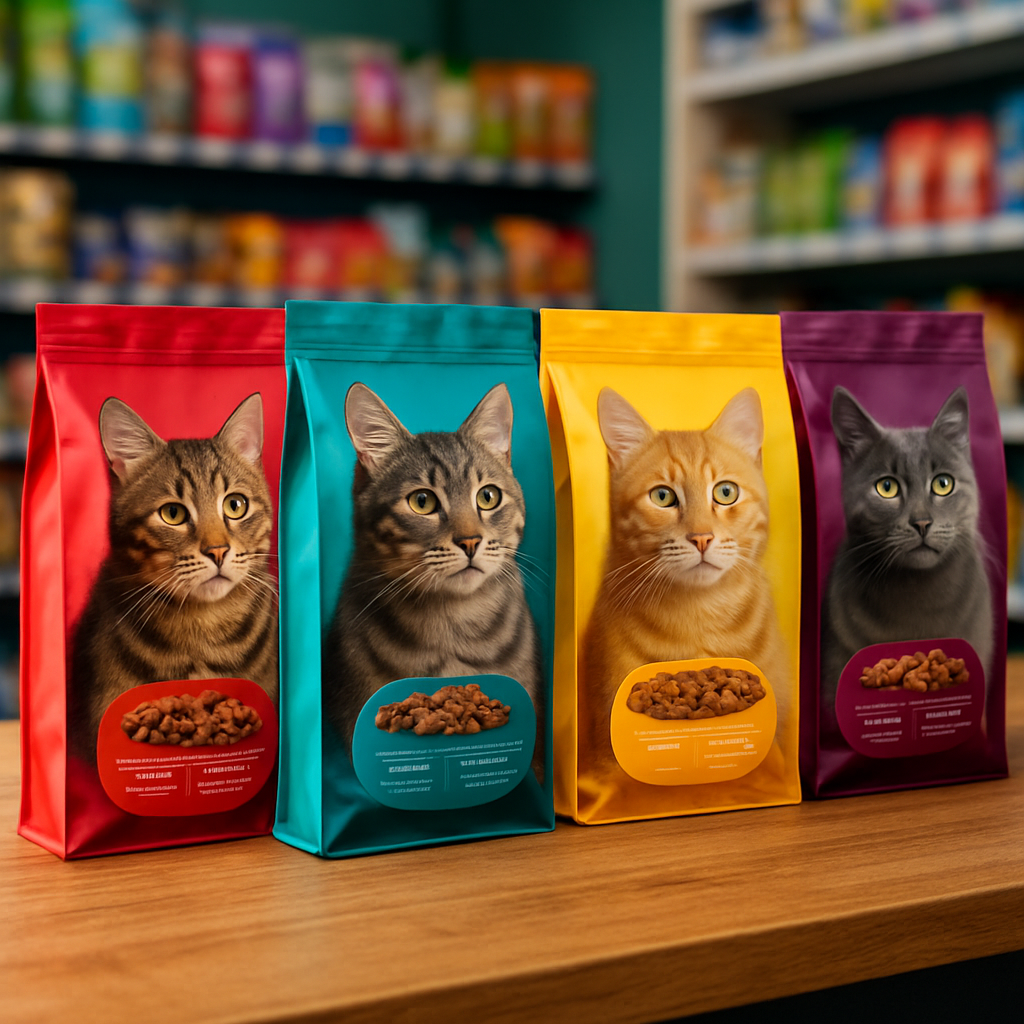 A Nova Era da Nutrição Felina: Como Escolher a Ração Perfeita 3 Embalagens de rações premium para gatos em loja de pets