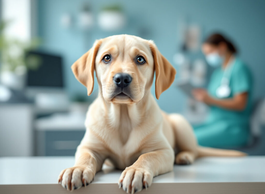 Filhote em clínica veterinária para primeira consulta de vacinação, ambiente acolhedor e profissional