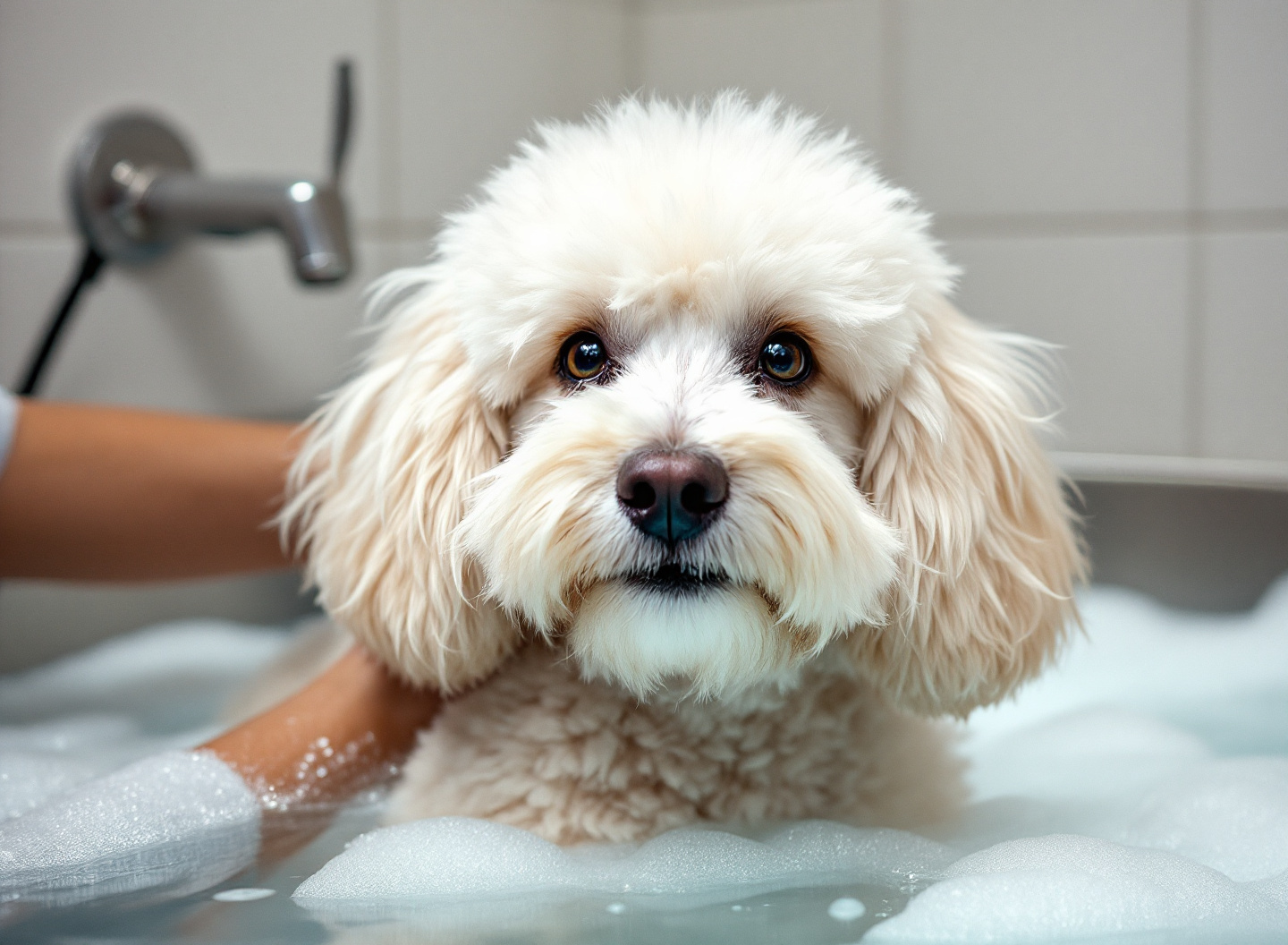 Frequência de banho e tosa: o intervalo correto que veterinários recomendam para cada raça de cão 3 Filhote de Poodle em banho profissional especializado para filhotes em salão de banho e tosa