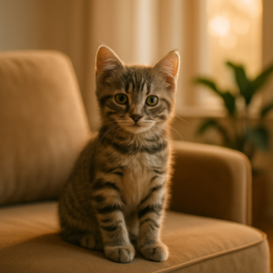 gato macho filhote cinza em poltrona aconchegante com luz natural