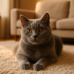 Gato cinza relaxando em sala de estar iluminada