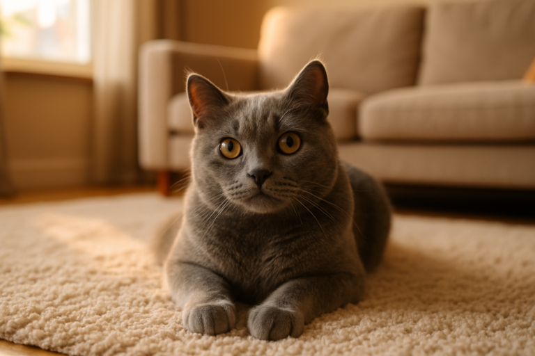 Gato cinza relaxando em sala de estar iluminada