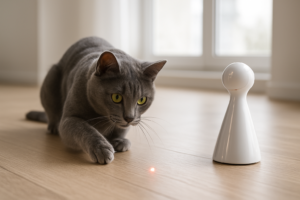 Gato brincando com brinquedo tecnológico de laser em sala minimalista