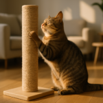 Gato usando arranhador em sala moderna