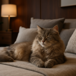 Gato de pelo longo em cama de design contemporâneo