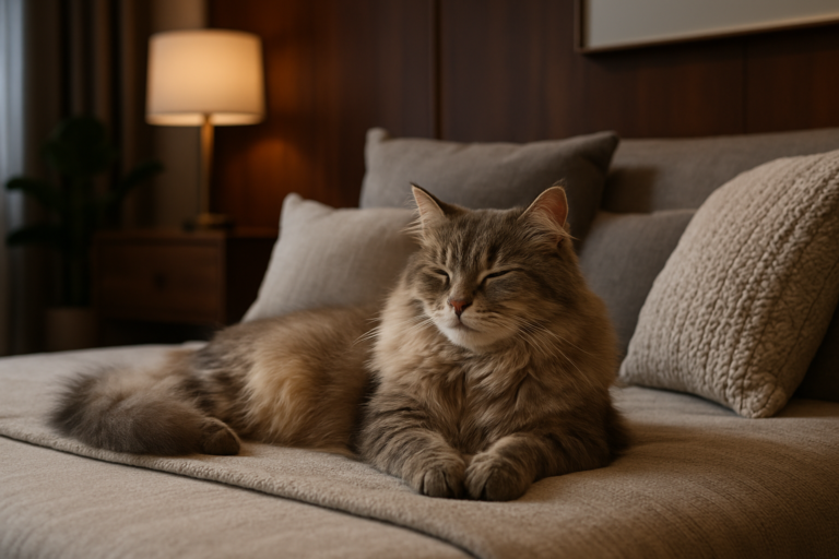 Gato de pelo longo em cama de design contemporâneo
