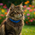 Coleira de tecido azul em gato Maine Coon em jardim florido