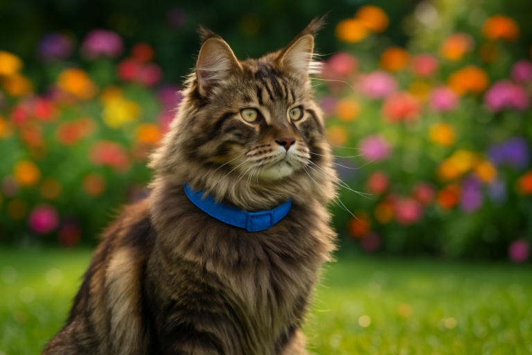 Coleira de tecido azul em gato Maine Coon em jardim florido