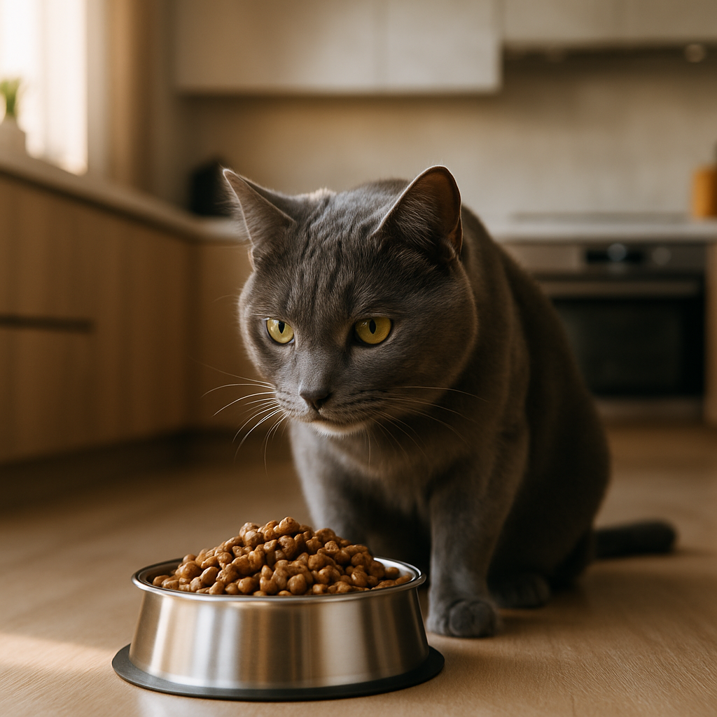 A Nova Era da Nutrição Felina: Como Escolher a Ração Perfeita 2 Gato comendo ração premium em cozinha moderna
