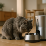 Gato cinza comendo em comedouro automático em casa moderna.