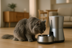 Gato cinza comendo em comedouro automático em casa moderna.
