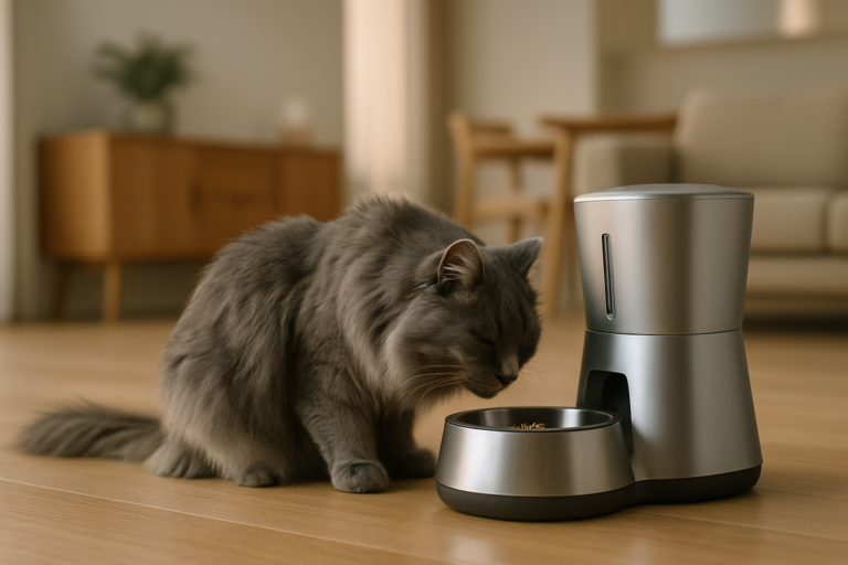 Gato cinza comendo em comedouro automático em casa moderna.
