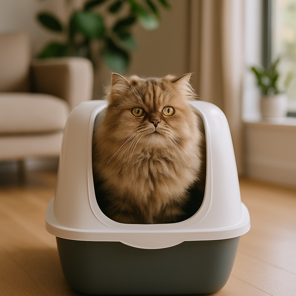 Transforme a Rotina do Seu Gato com a Caixa de Areia Certa 2 Gato persa usando caixa de areia fechada em sala de estar