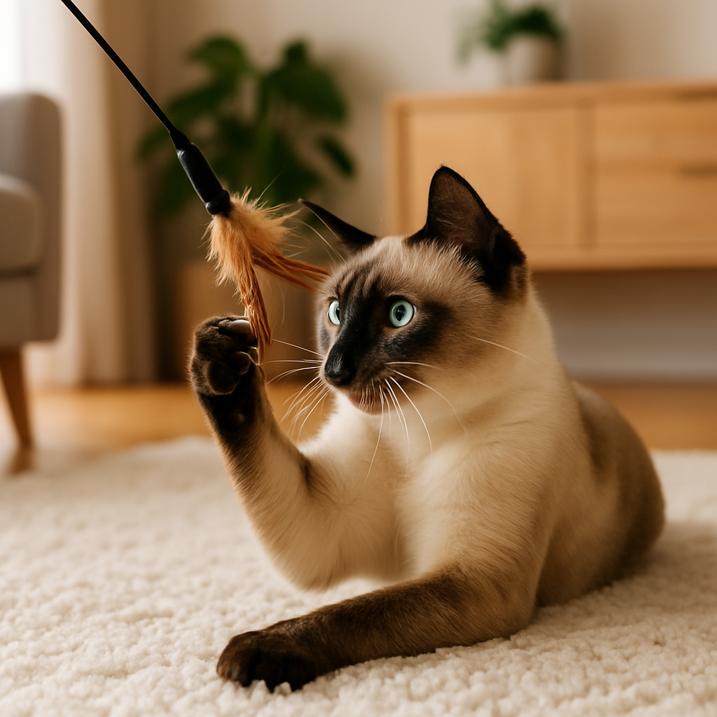 Gato siamês brincando com brinquedo interativo de penas