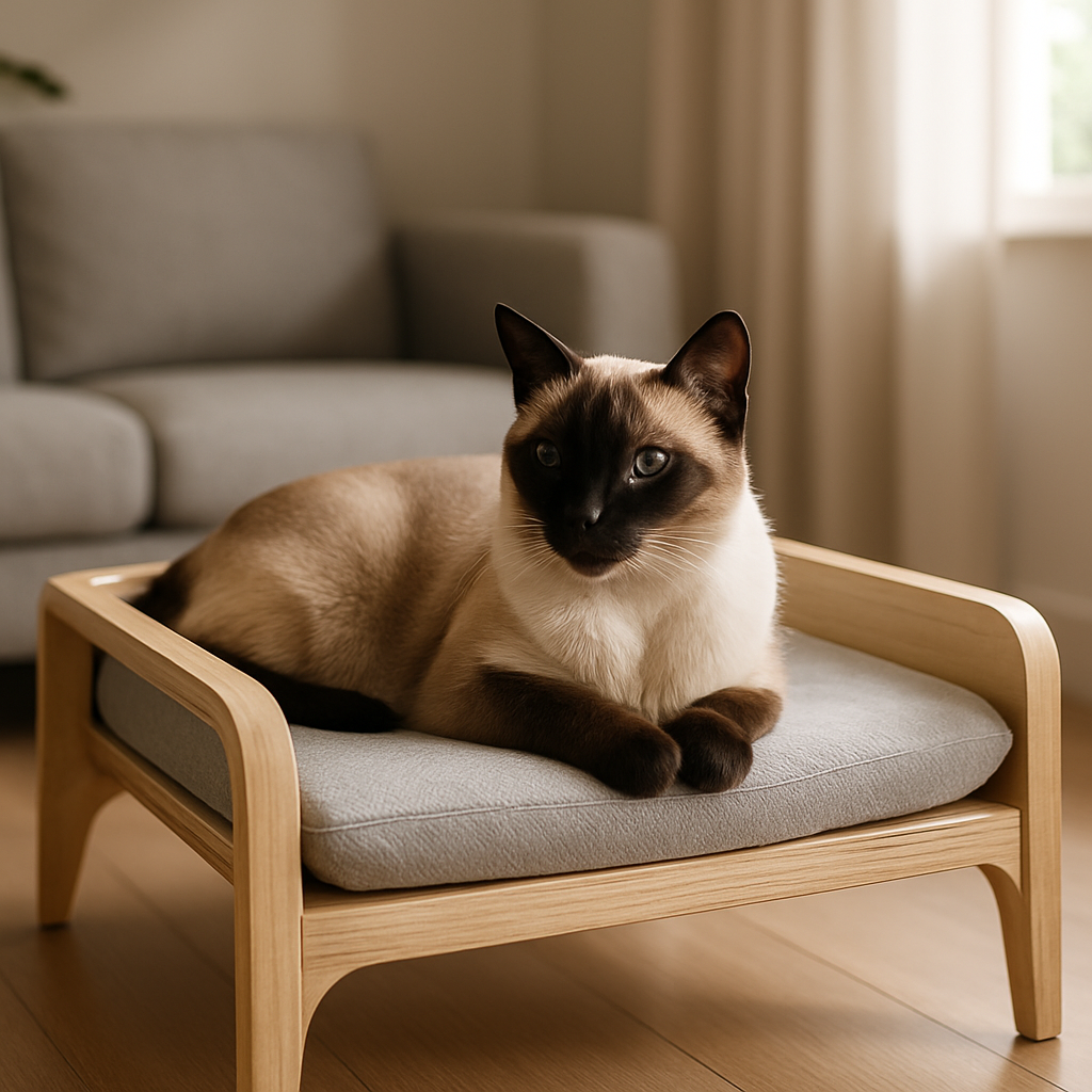 Gato siamês em cama moderna de madeira e tecido cinza