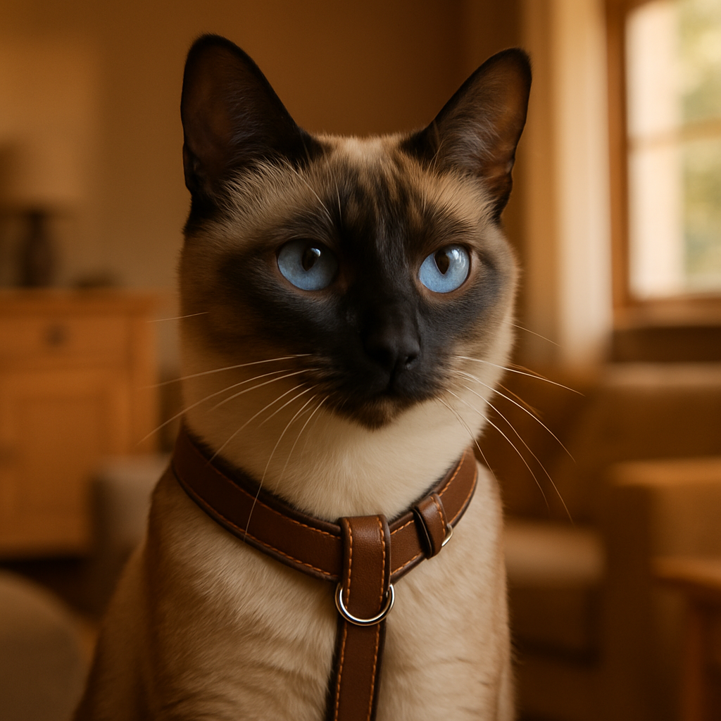 Estilo e Funcionalidade: Descubra as Novas Coleiras para Gatos 2 Coleira peitoral para gato siamês em ambiente aconchegante