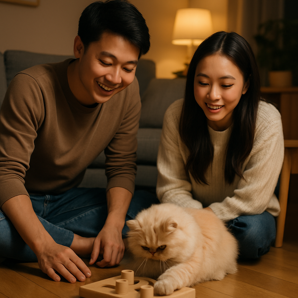 Casal asiático assistindo gato persa brincando com brinquedo de puzzle