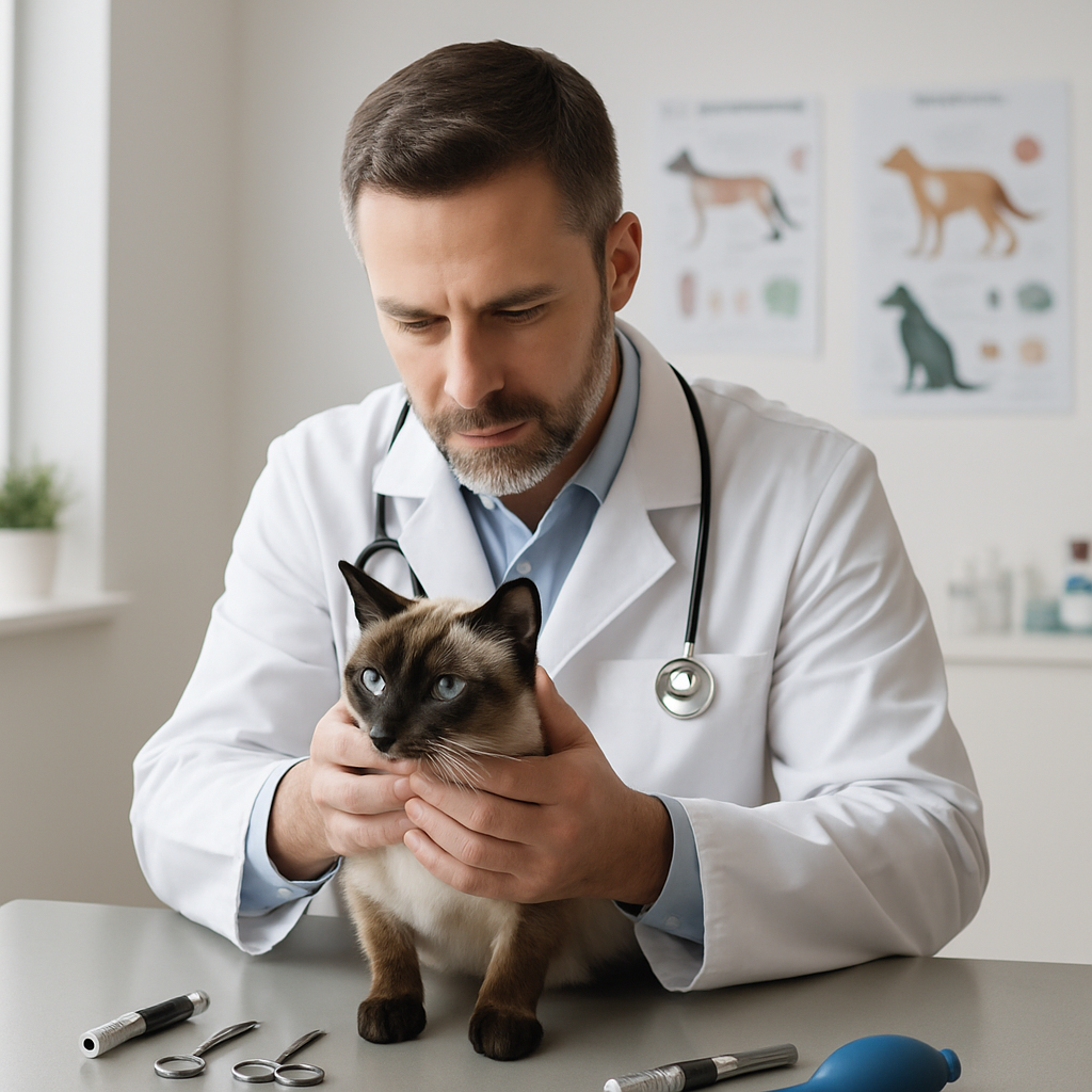 Veterinário examinando gato siamês em clínica moderna
