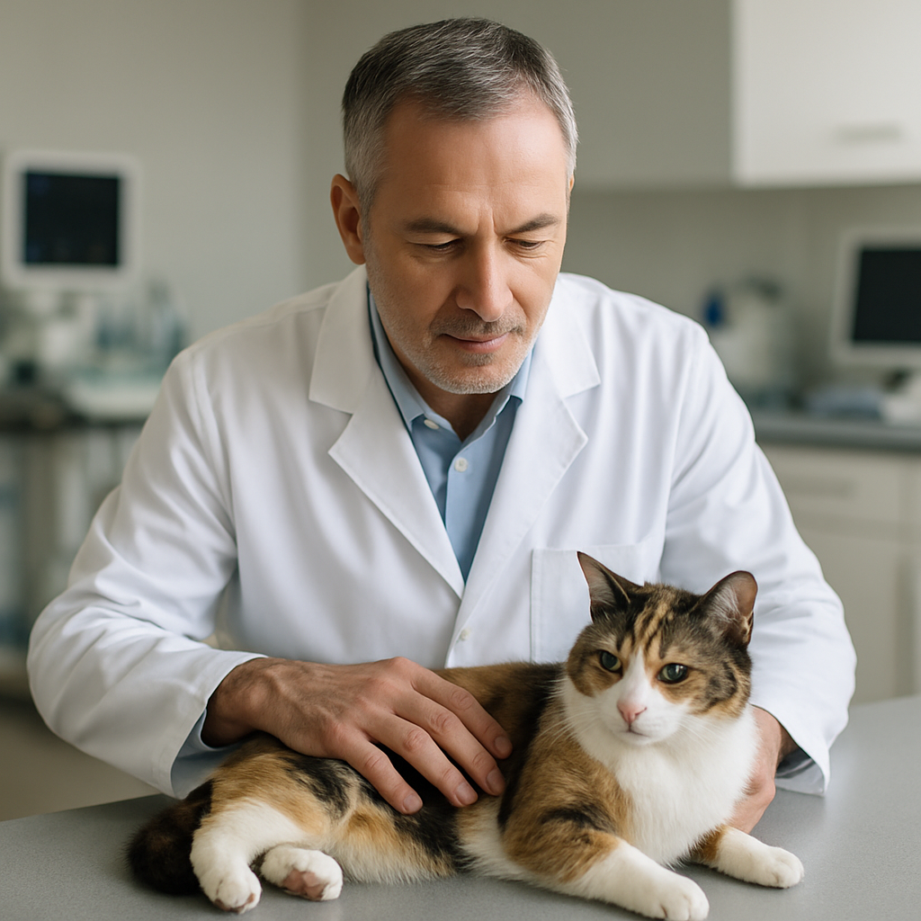 Desvendando o cio das gatas: tudo sobre o período fértil 4 Veterinário examinando gata em clínica