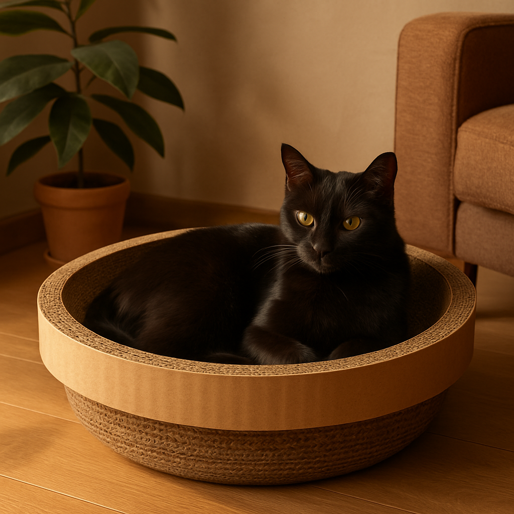 Cama de gato sustentável com gato preto