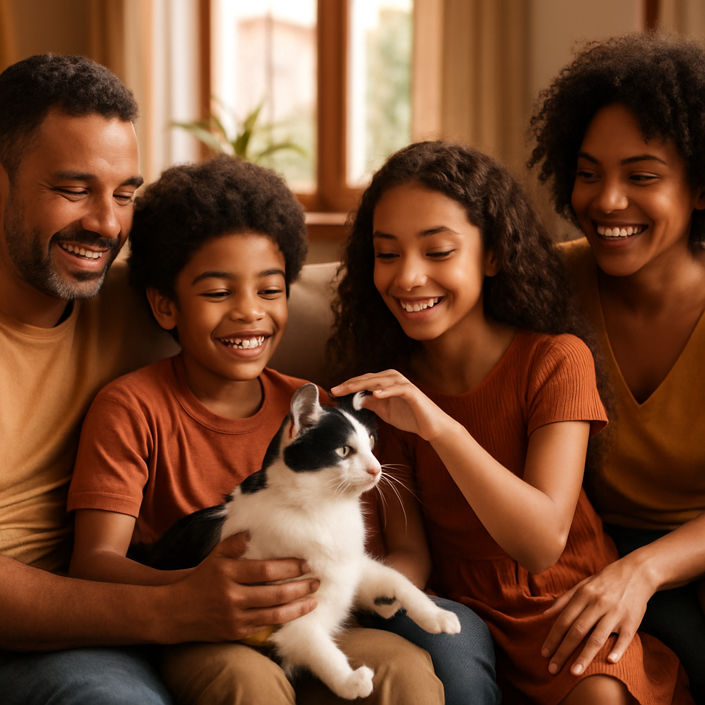 Por Que Adotar um Gato Pode Ser a Melhor Decisão Agora 2 Família brincando com gato em sala de estar aconchegante