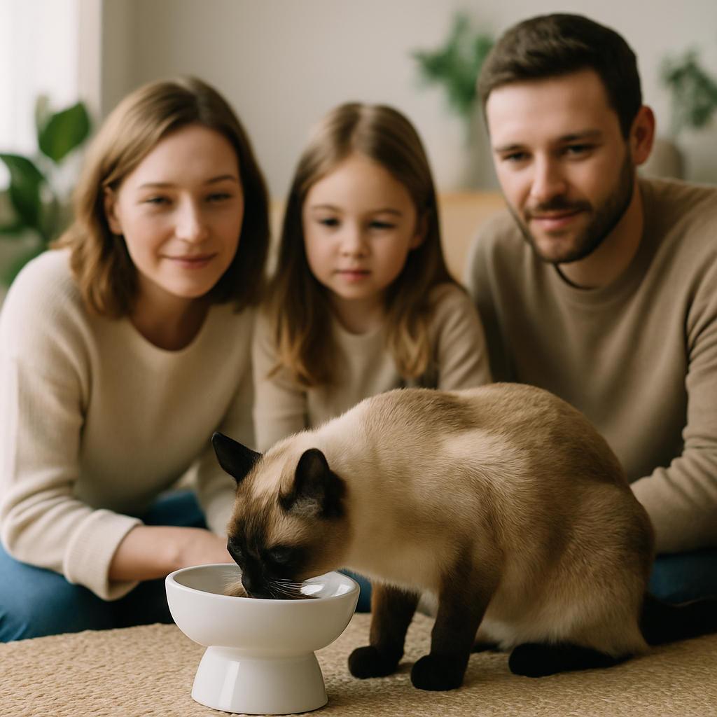 Família cuidando de gato com comedouro elevado.