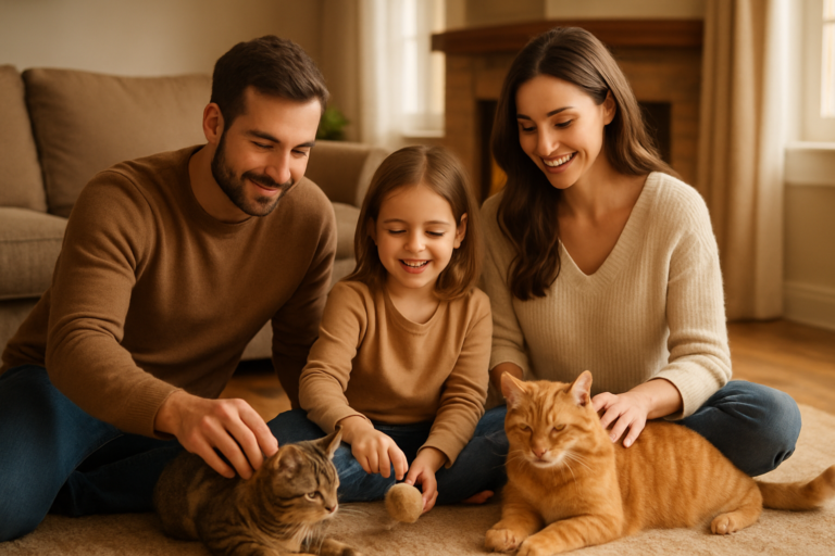 Família interagindo com gatos em ambiente acolhedor