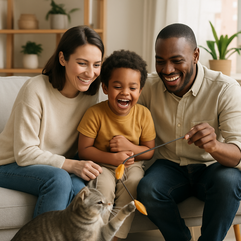 Família brincando com gato em casa