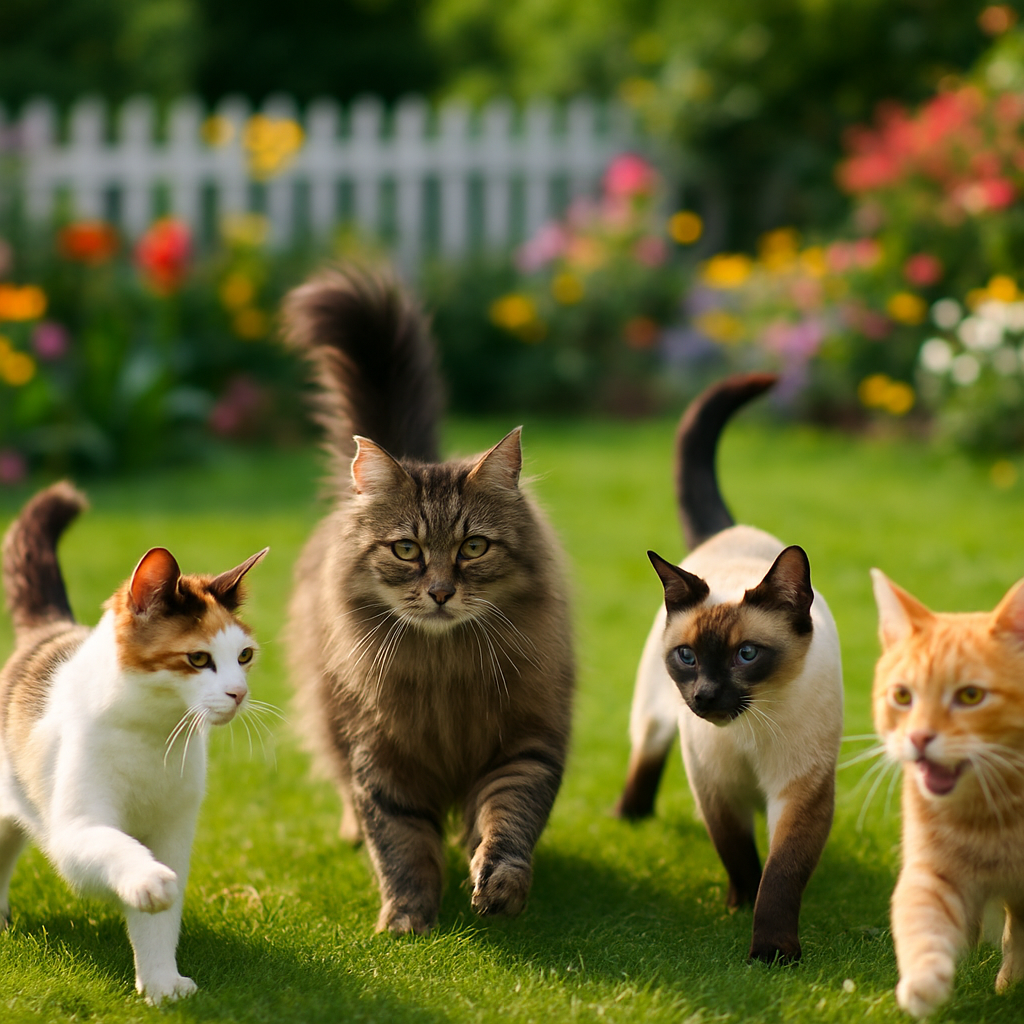 Guia Definitivo: Como Prevenir a Rinotraqueíte Felina 4 Gatos brincando em um ambiente seguro e cercado