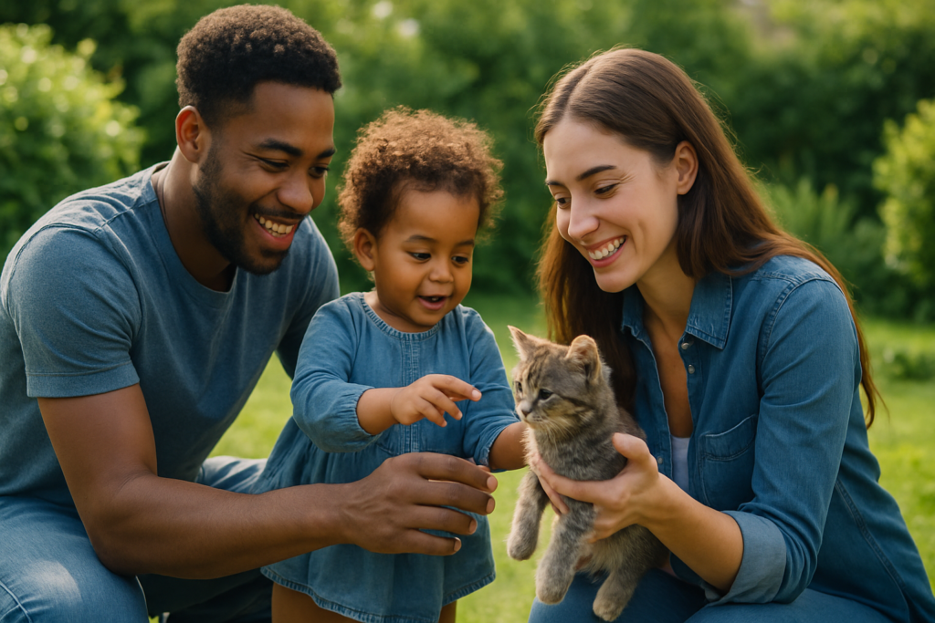 Gato recém-nascido: Como garantir um início de vida saudável 1 Família cuidando de um filhote de gato no jardim
