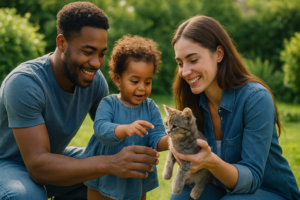Família cuidando de um filhote de gato no jardim