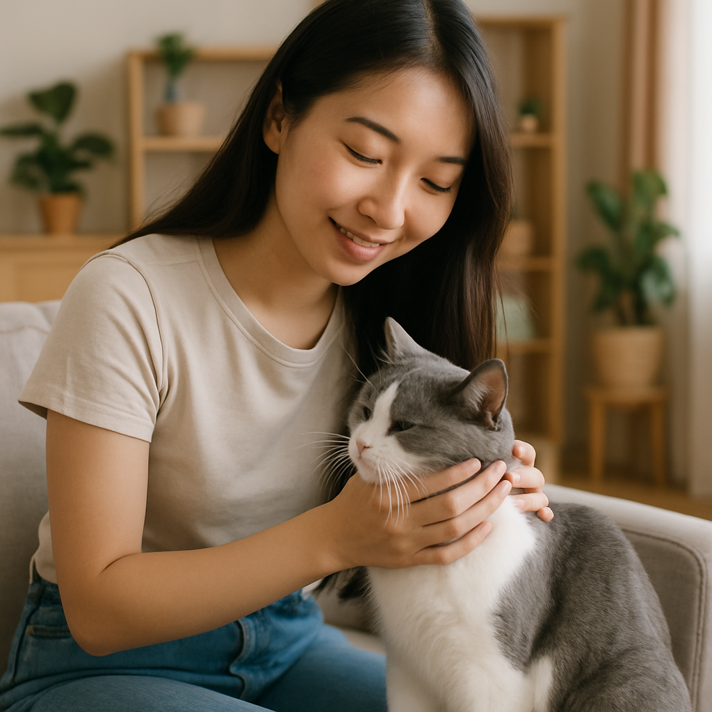 Desvendando o cio das gatas: tudo sobre o período fértil 3 Mulher acariciando gata durante o cio em ambiente doméstico