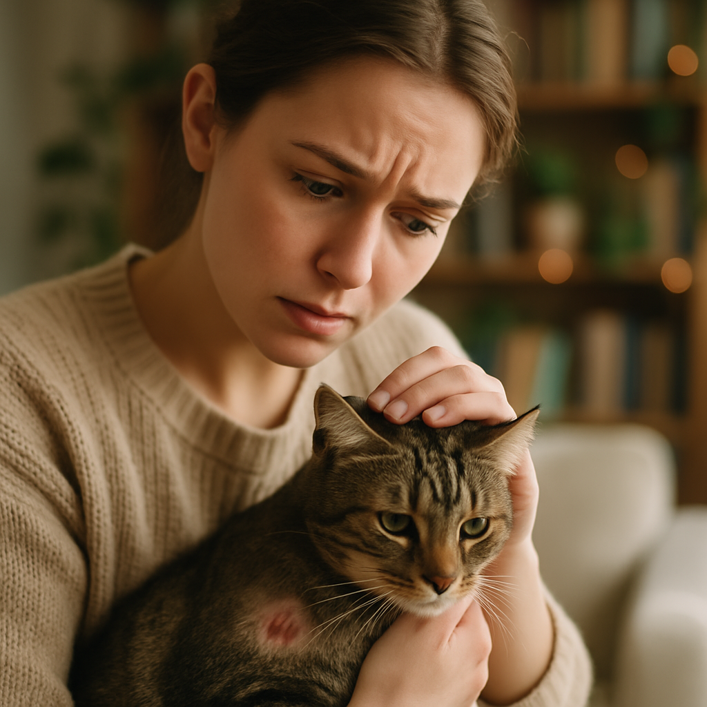 Como reconhecer e tratar fungos em gatos de forma eficaz 2 Mulher preocupada acariciando gato com lesão na pele