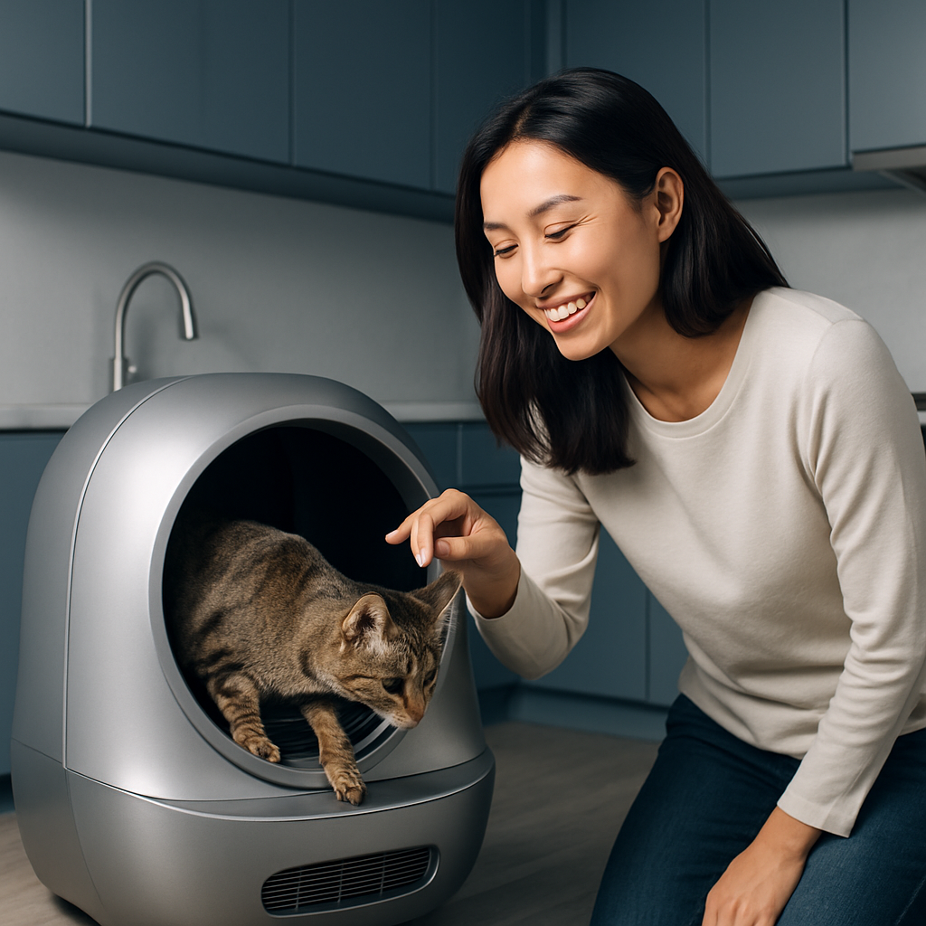 Transforme a Rotina do Seu Gato com a Caixa de Areia Certa 3 Mulher interagindo com gato e caixa de areia automática