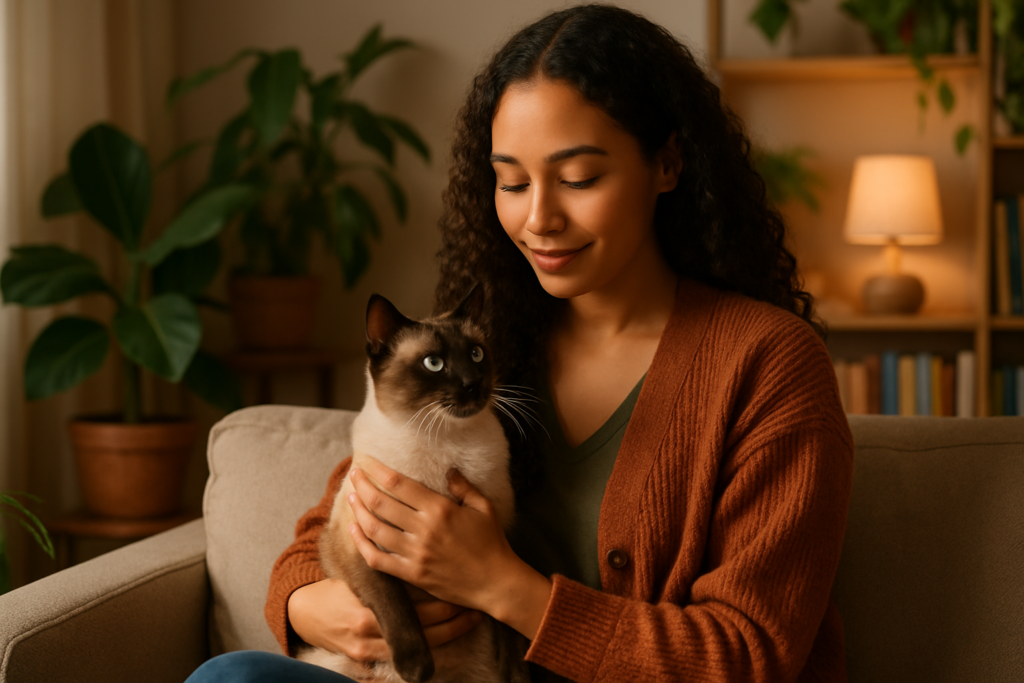 Desvendando o cio das gatas: tudo sobre o período fértil 1 Mulher segurando gata siamesa com carinho em sala de estar