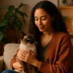 Mulher segurando gata siamesa com carinho em sala de estar