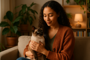 Mulher segurando gata siamesa com carinho em sala de estar