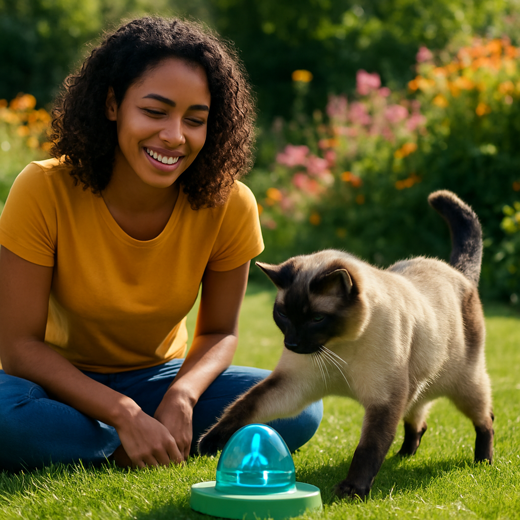 Dona e gato em interação com comedouro interativo.